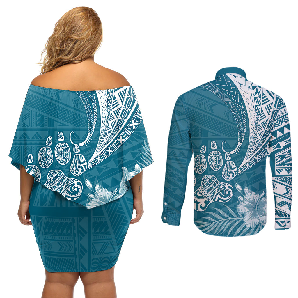 Personalised Polynesian Pacific Bulldog Couples Matching Off Shoulder Short Dress and Long Sleeve Button Shirts With Teal Hawaii Tribal Tattoo Patterns LT7 - Polynesian Pride