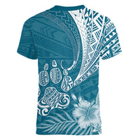 Personalised Polynesian Pacific Bulldog Women V Neck T Shirt With Teal Hawaii Tribal Tattoo Patterns LT7 - Polynesian Pride