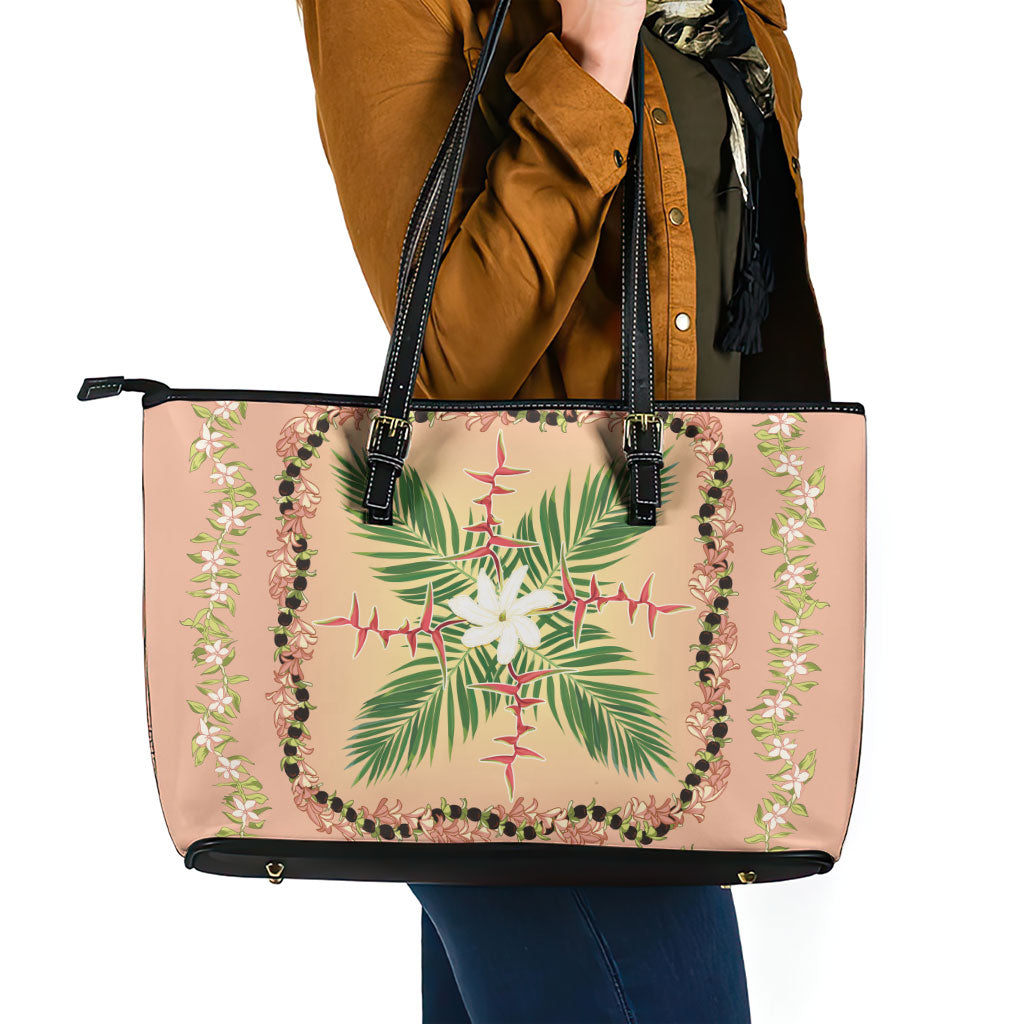 Hawaii Quilt Inspired Collection Aloha Flowers Leather Tote Bag Maile - Kukui Nut Lei