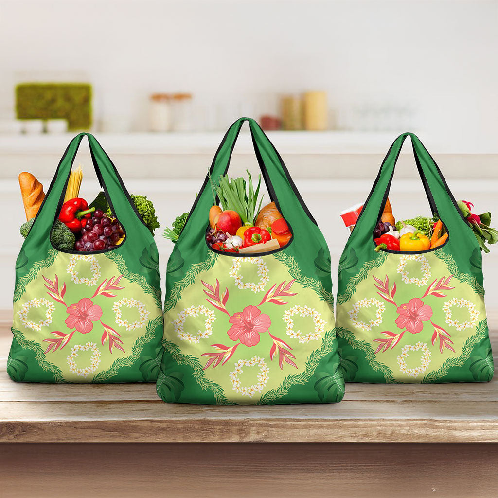 Hawaii Quilt Inspired Collection Aloha Flowers Grocery Bag Plumeria - Ti Leaf Lei