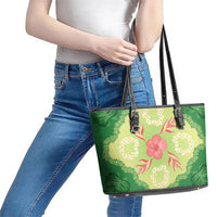 Hawaii Quilt Inspired Collection Aloha Flowers Leather Tote Bag Plumeria - Ti Leaf Lei
