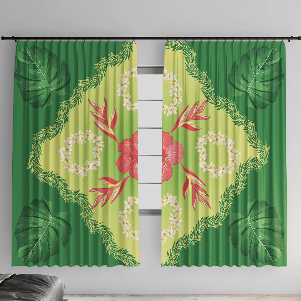 Hawaii Quilt Inspired Collection Aloha Flowers Window Curtain Plumeria - Ti Leaf Lei LT7 With Hooks Green - Polynesian Pride