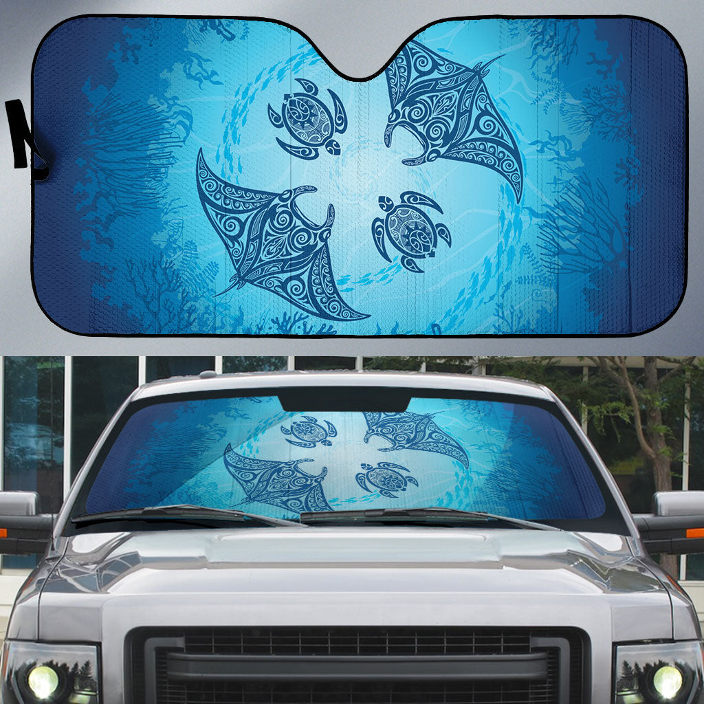 Hawaii Quilt Inspired Collection Aloha Sea Auto Sun Shade Manta Ray and Turtles LT7 Cerulean - Polynesian Pride