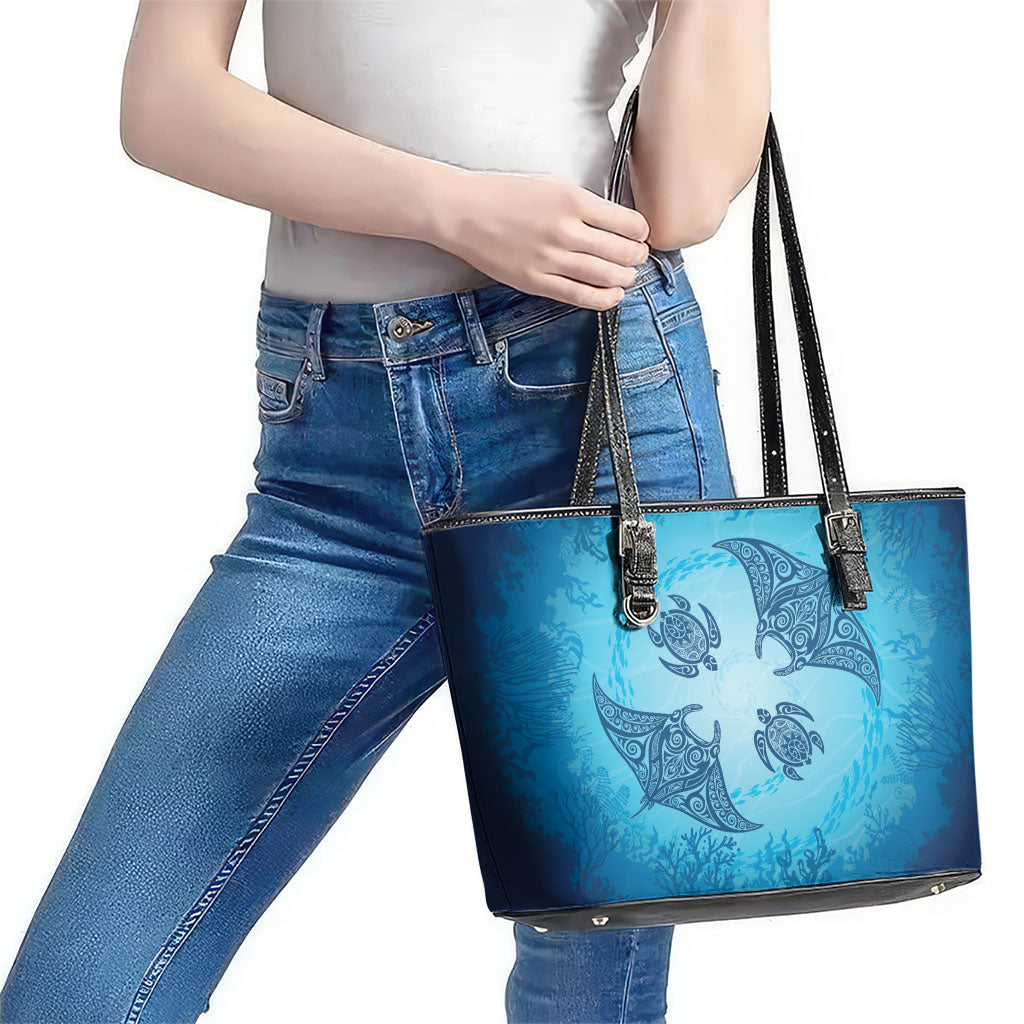 Hawaii Quilt Inspired Collection Aloha Sea Leather Tote Bag Manta Ray and Turtles