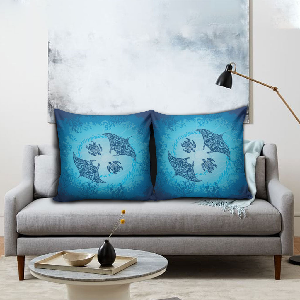 Hawaii Quilt Inspired Collection Aloha Sea Pillow Cover Manta Ray and Turtles