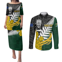Personalised New Zealand Vs South Africa Rugby Couples Matching Puletasi Dress and Long Sleeve Button Shirts Rivals - Tribal Style LT7 Black Green - Polynesian Pride