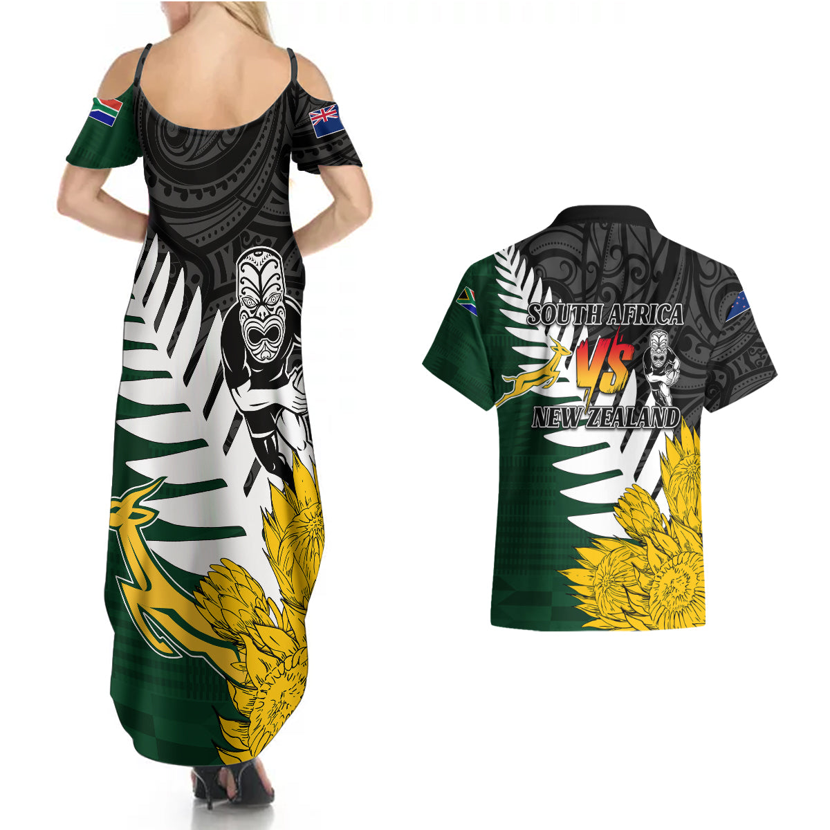 Personalised New Zealand Vs South Africa Rugby Couples Matching Summer Maxi Dress and Hawaiian Shirt Rivals - Tribal Style LT7 - Polynesian Pride