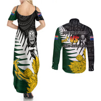 Personalised New Zealand Vs South Africa Rugby Couples Matching Summer Maxi Dress and Long Sleeve Button Shirts Rivals - Tribal Style LT7 - Polynesian Pride