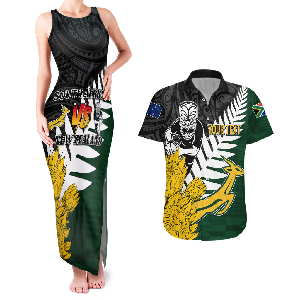 Personalised New Zealand Vs South Africa Rugby Couples Matching Tank Maxi Dress and Hawaiian Shirt Rivals - Tribal Style LT7 Black Green - Polynesian Pride