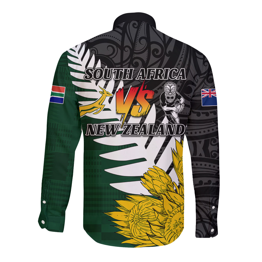 Personalised New Zealand Vs South Africa Rugby Long Sleeve Button Shirt Rivals - Tribal Style LT7 - Polynesian Pride