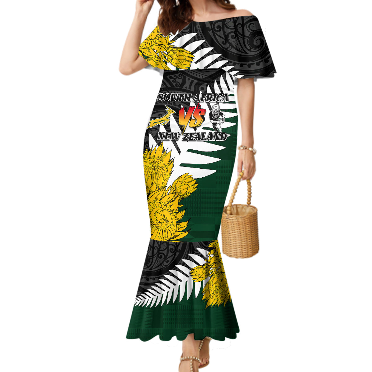 Personalised New Zealand Vs South Africa Rugby Mermaid Dress Rivals - Tribal Style LT7 Women Black Green - Polynesian Pride