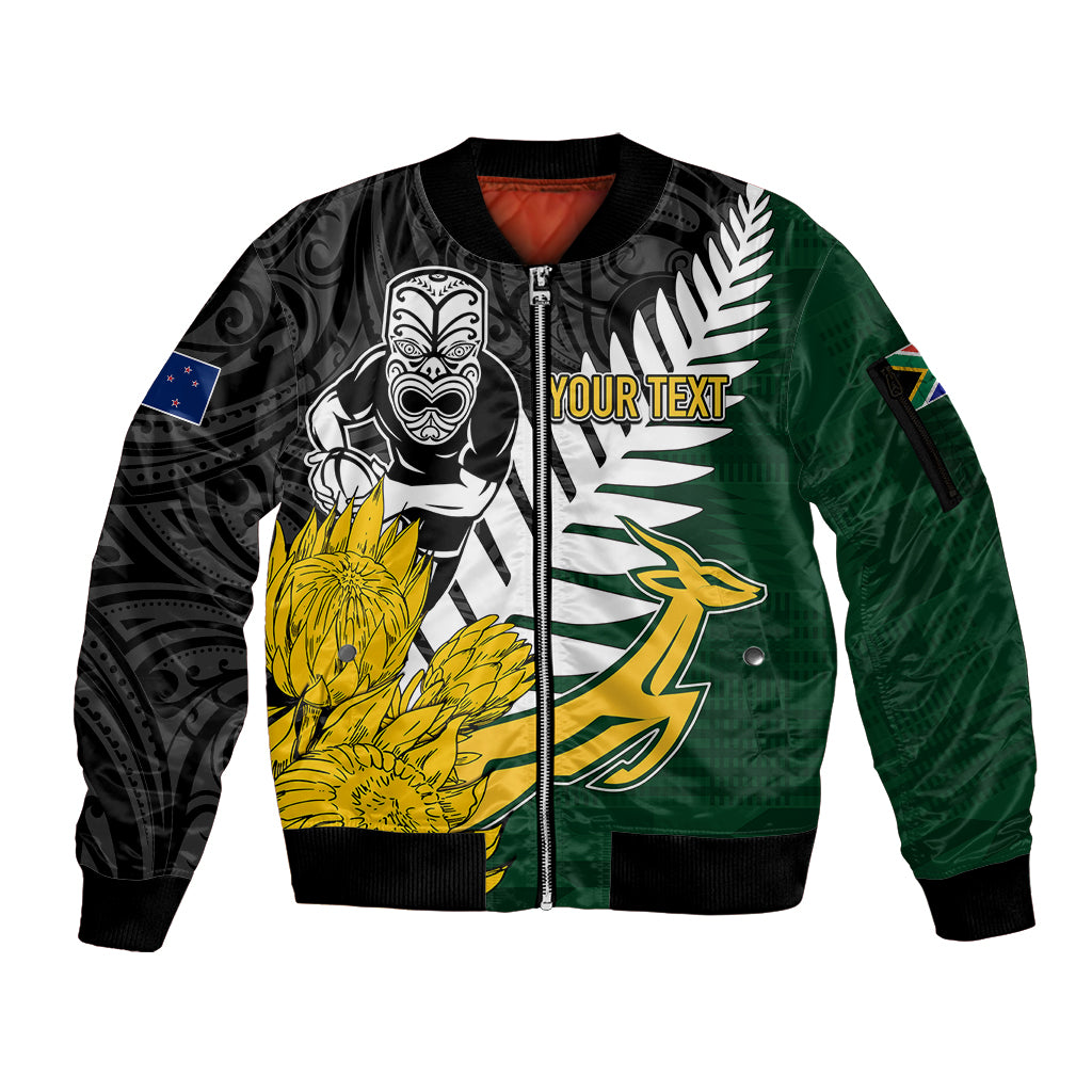 Personalised New Zealand Vs South Africa Rugby Sleeve Zip Bomber Jacket Rivals - Tribal Style LT7 Unisex Black Green - Polynesian Pride