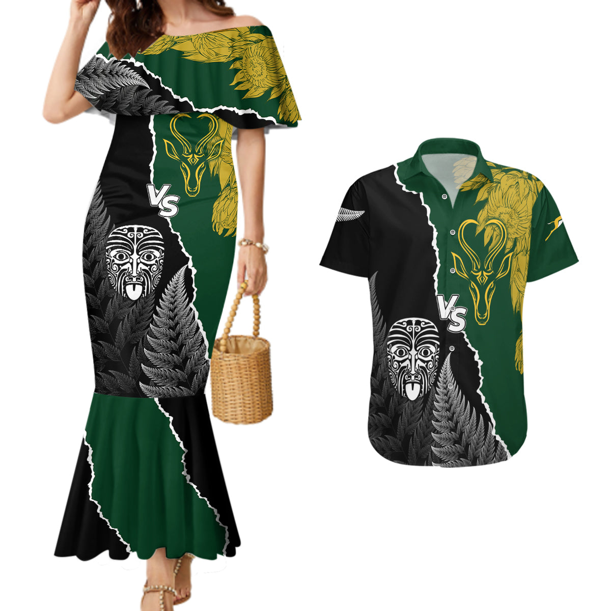 Personalised New Zealand Vs South Africa Rugby Couples Matching Mermaid Dress and Hawaiian Shirt Rivals Dynamics LT7 Black Green - Polynesian Pride