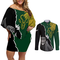 Personalised New Zealand Vs South Africa Rugby Couples Matching Off Shoulder Short Dress and Long Sleeve Button Shirts Rivals Dynamics LT7 Black Green - Polynesian Pride