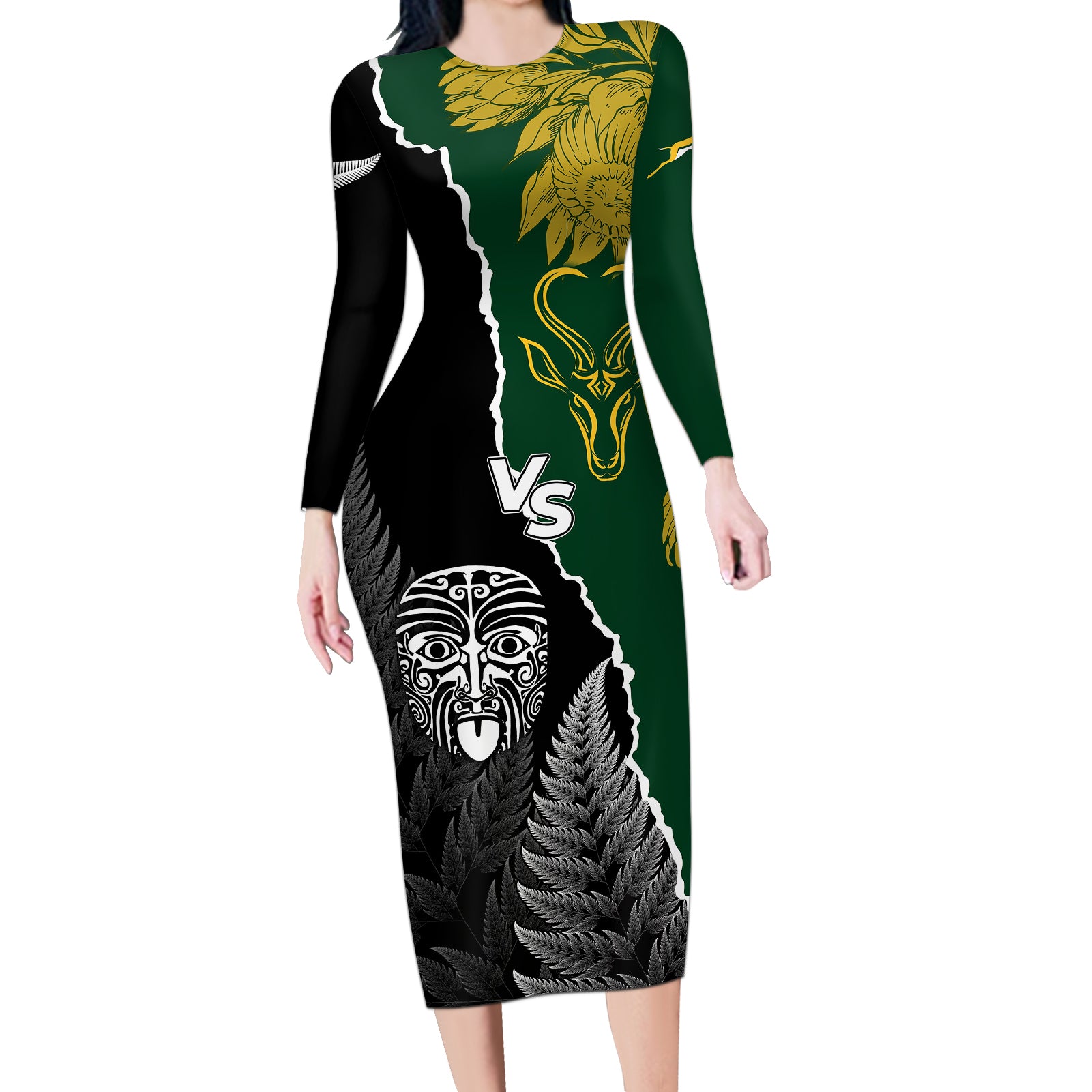 Personalised New Zealand Vs South Africa Rugby Long Sleeve Bodycon Dress Rivals Dynamics LT7 Long Dress Black Green - Polynesian Pride