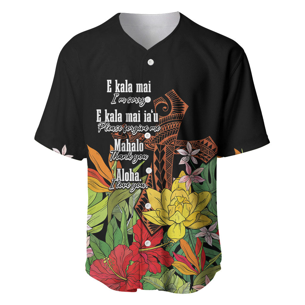 Mahalo Hawaii Ho'oponopono Pule Baseball Jersey Polynesian Pattern Cross LT7 Black - Polynesian Pride