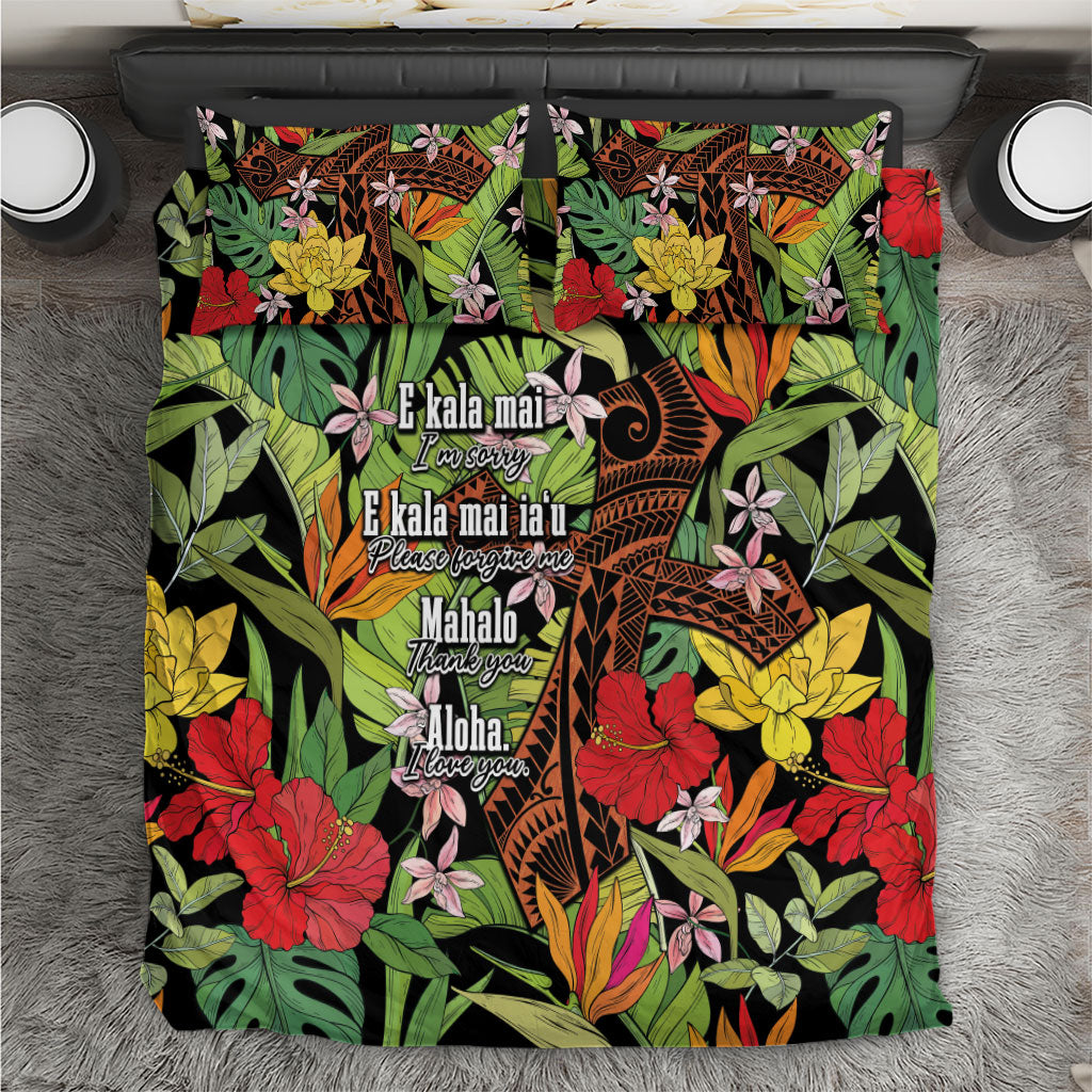Mahalo Hawaii Ho'oponopono Pule Bedding Set Polynesian Pattern Cross LT7 Black - Polynesian Pride