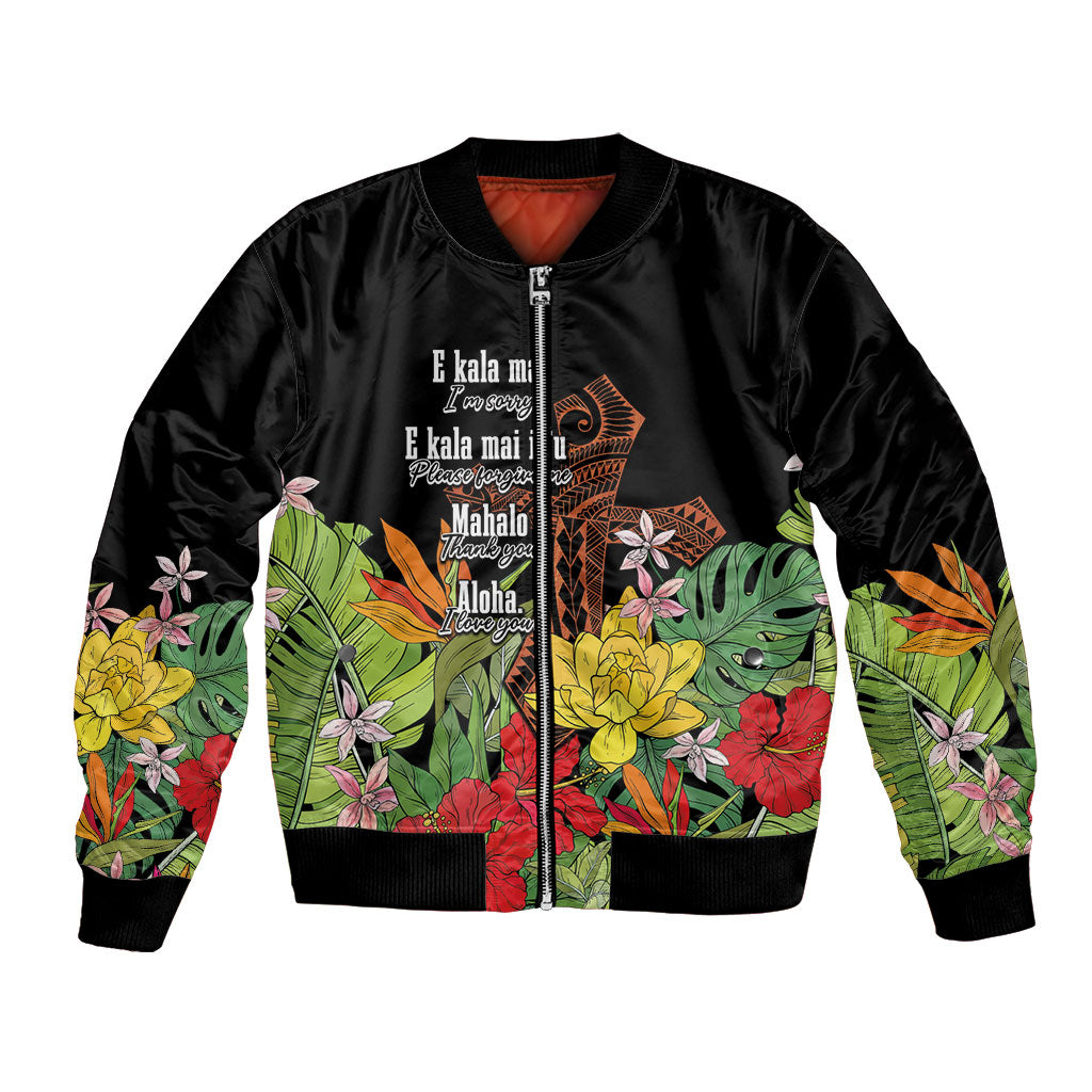 Mahalo Hawaii Ho'oponopono Pule Bomber Jacket Polynesian Pattern Cross LT7 Unisex Black - Polynesian Pride