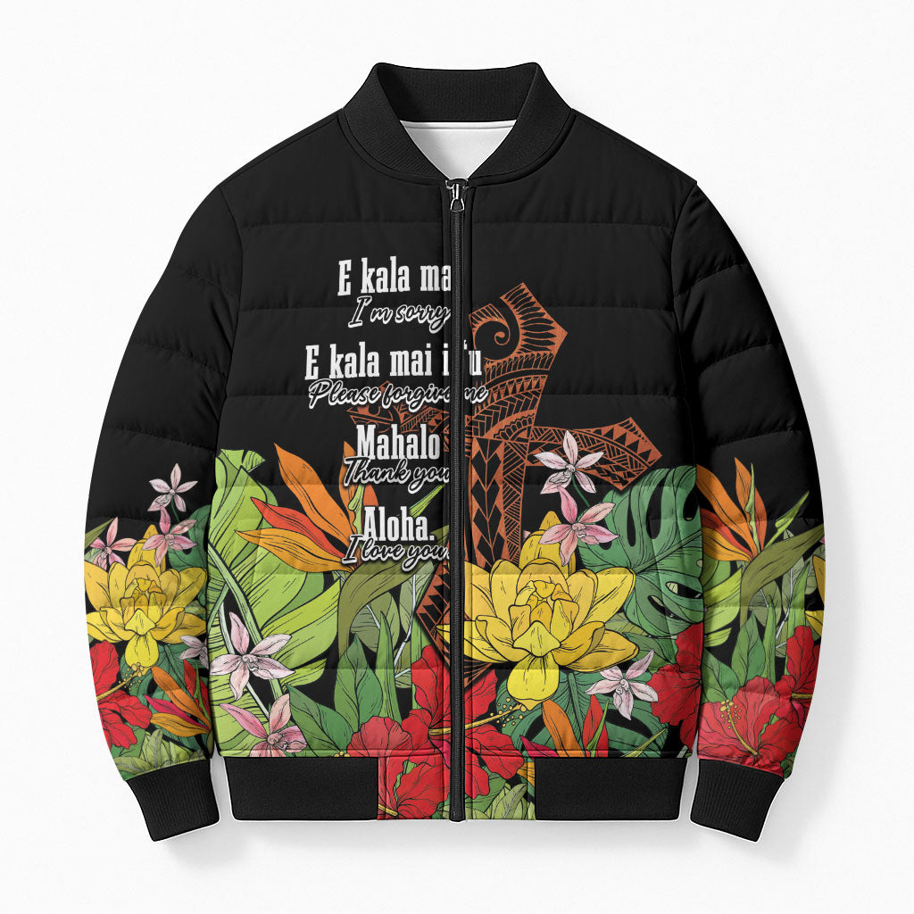 Mahalo Hawaii Ho'oponopono Pule Bomber Puffer Jacket Polynesian Pattern Cross LT7 Unisex Black - Polynesian Pride
