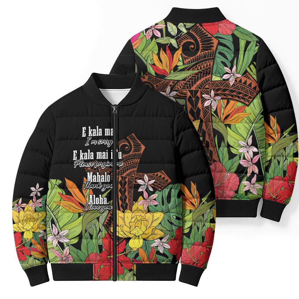 Mahalo Hawaii Ho'oponopono Pule Bomber Puffer Jacket Polynesian Pattern Cross LT7 - Polynesian Pride