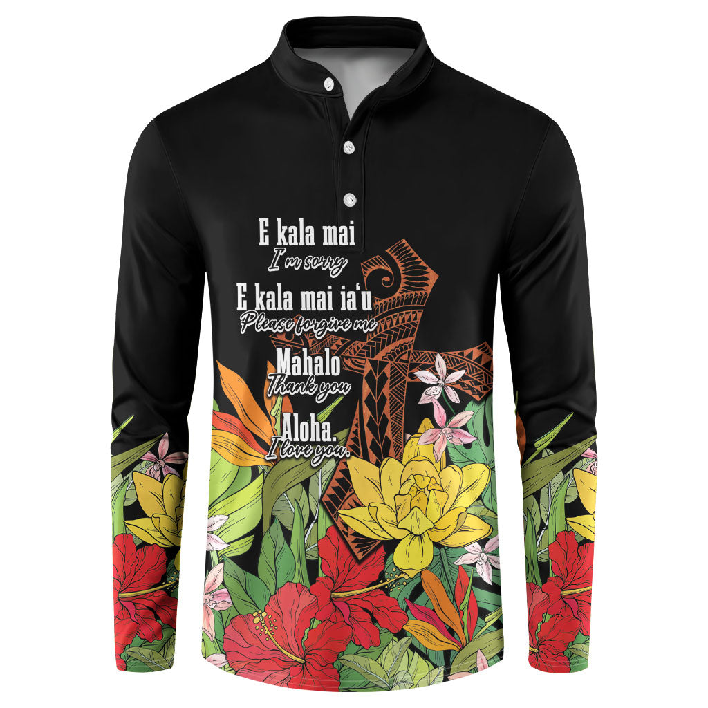 Mahalo Hawaii Ho'oponopono Pule Button Sweatshirt Polynesian Pattern Cross LT7 Black - Polynesian Pride
