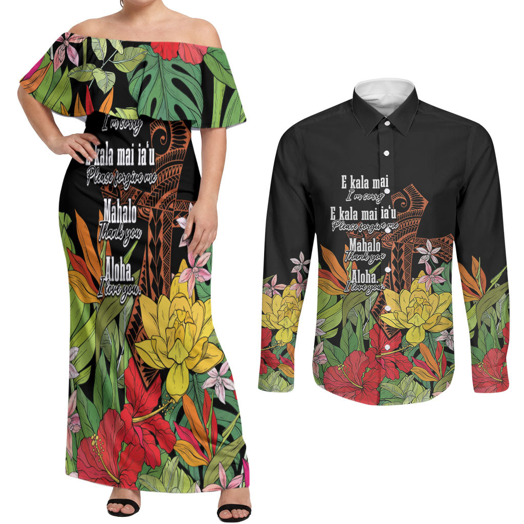 Mahalo Hawaii Ho'oponopono Pule Couples Matching Off Shoulder Maxi Dress and Long Sleeve Button Shirt Polynesian Pattern Cross