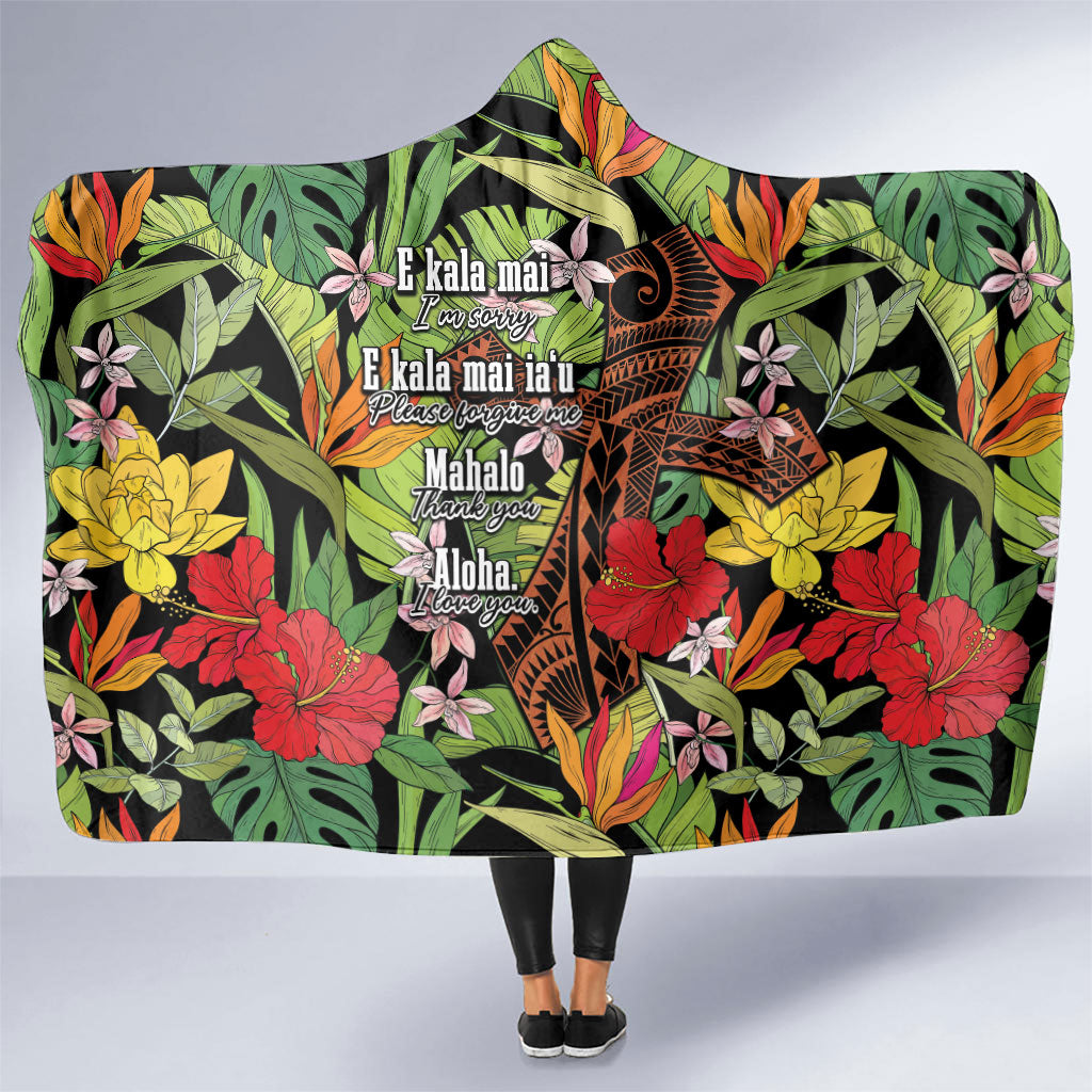 Mahalo Hawaii Ho'oponopono Pule Hooded Blanket Polynesian Pattern Cross LT7 One Size Black - Polynesian Pride