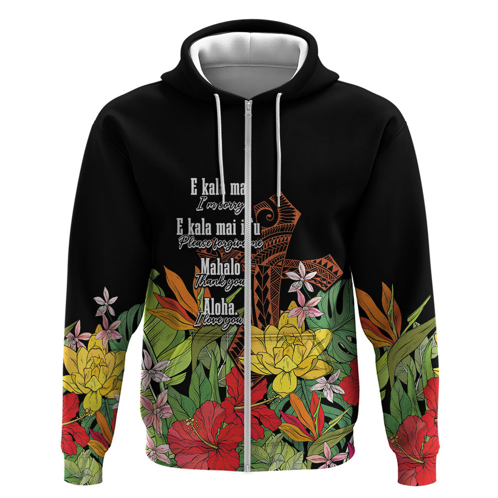 Mahalo Hawaii Ho'oponopono Pule Hoodie Polynesian Pattern Cross LT7 Zip Hoodie Black - Polynesian Pride