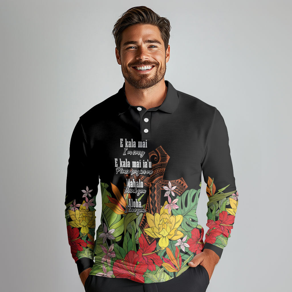 Mahalo Hawaii Ho'oponopono Pule Long Sleeve Polo Shirt Polynesian Pattern Cross LT7 - Polynesian Pride
