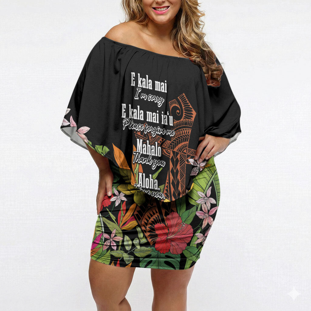 Mahalo Hawaii Ho'oponopono Pule Off Shoulder Short Dress Polynesian Pattern Cross