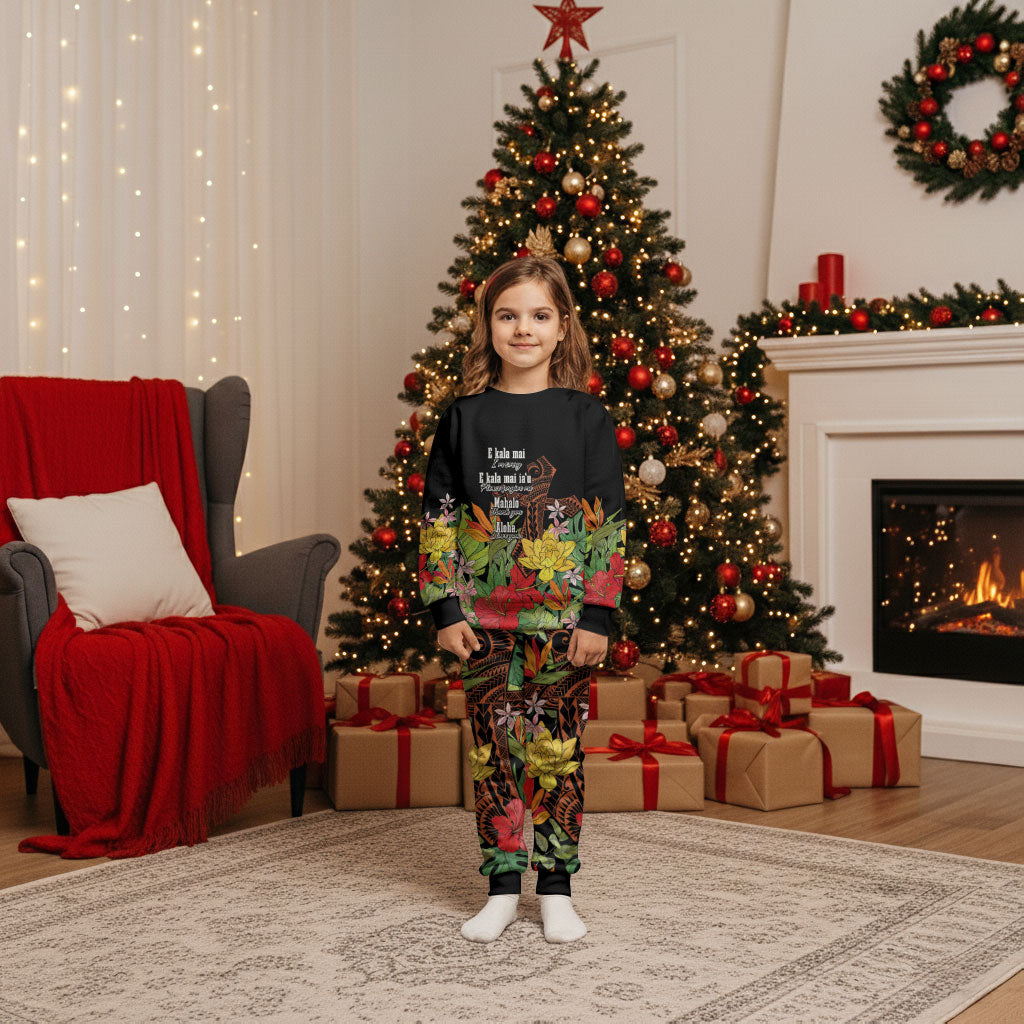 Mahalo Hawaii Ho'oponopono Pule Christmas Pajama Set Polynesian Pattern Cross LT7 Kid Black - Polynesian Pride