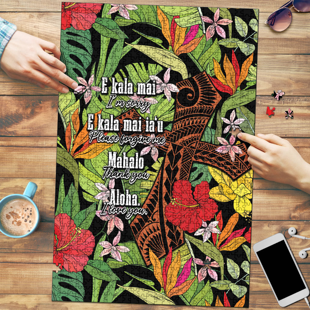 Mahalo Hawaii Ho'oponopono Pule Puzzle Polynesian Pattern Cross LT7 Black - Polynesian Pride
