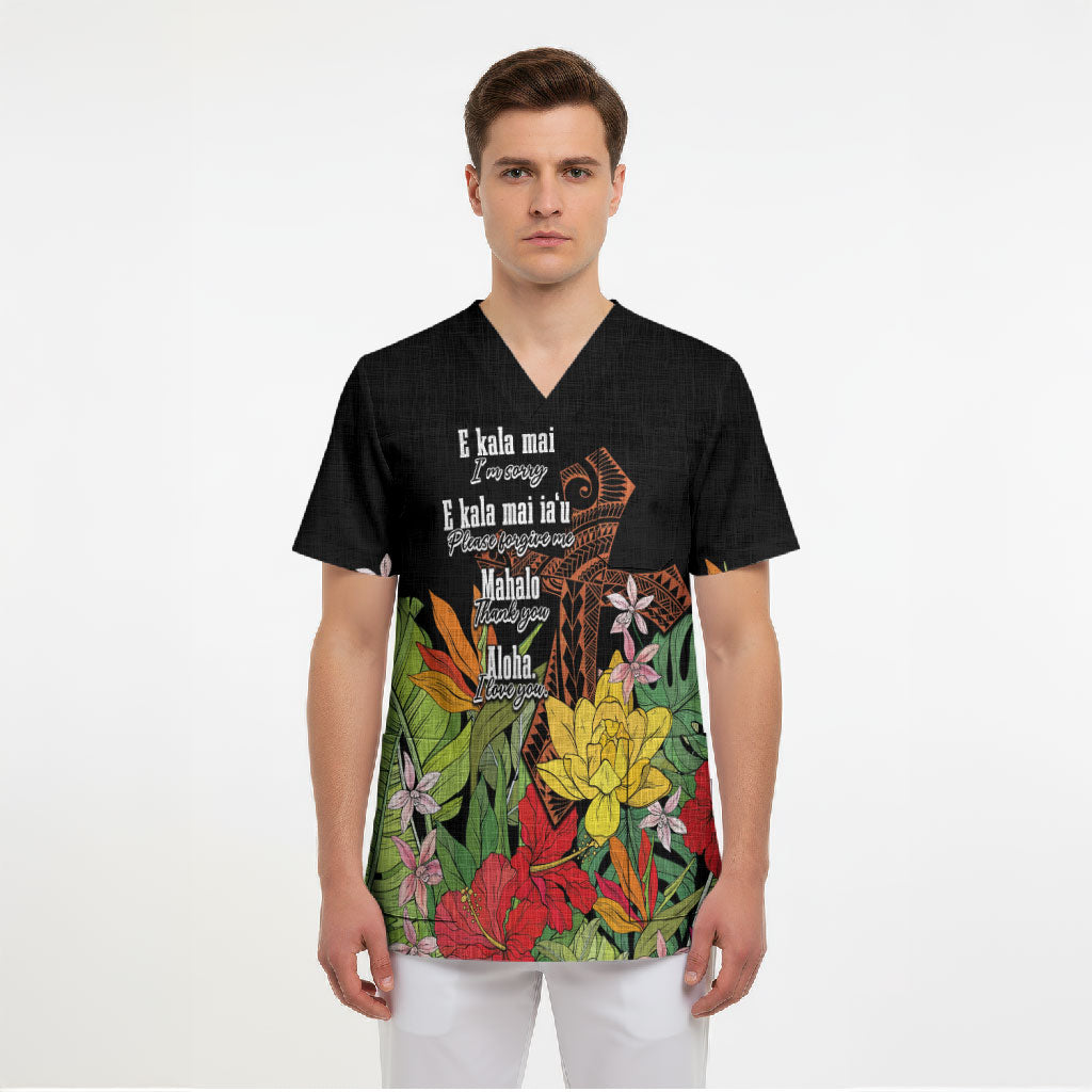 Mahalo Hawaii Ho'oponopono Pule Scrub Top Polynesian Pattern Cross LT7 - Polynesian Pride
