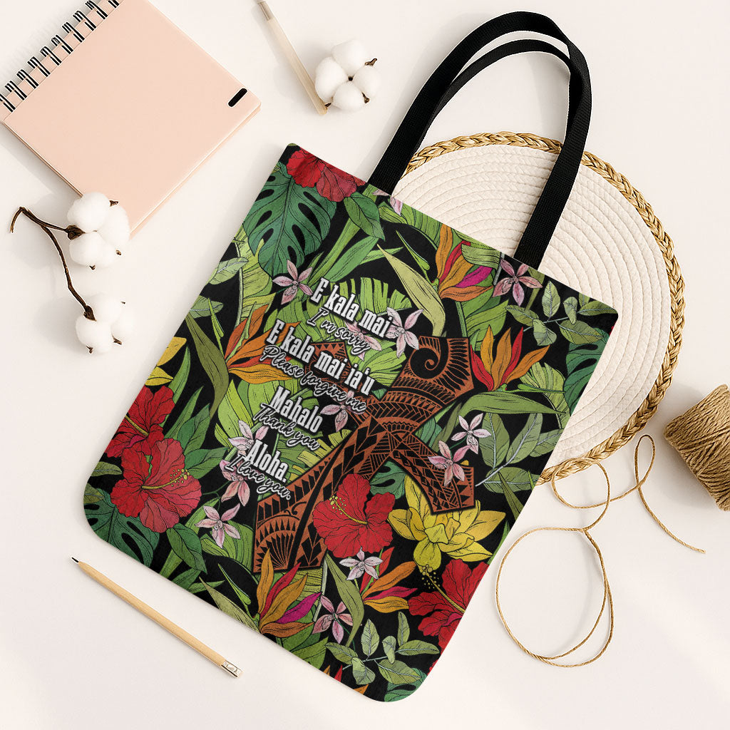 Mahalo Hawaii Ho'oponopono Pule Tote Bag Polynesian Pattern Cross LT7 Black Strap One Size Black - Polynesian Pride