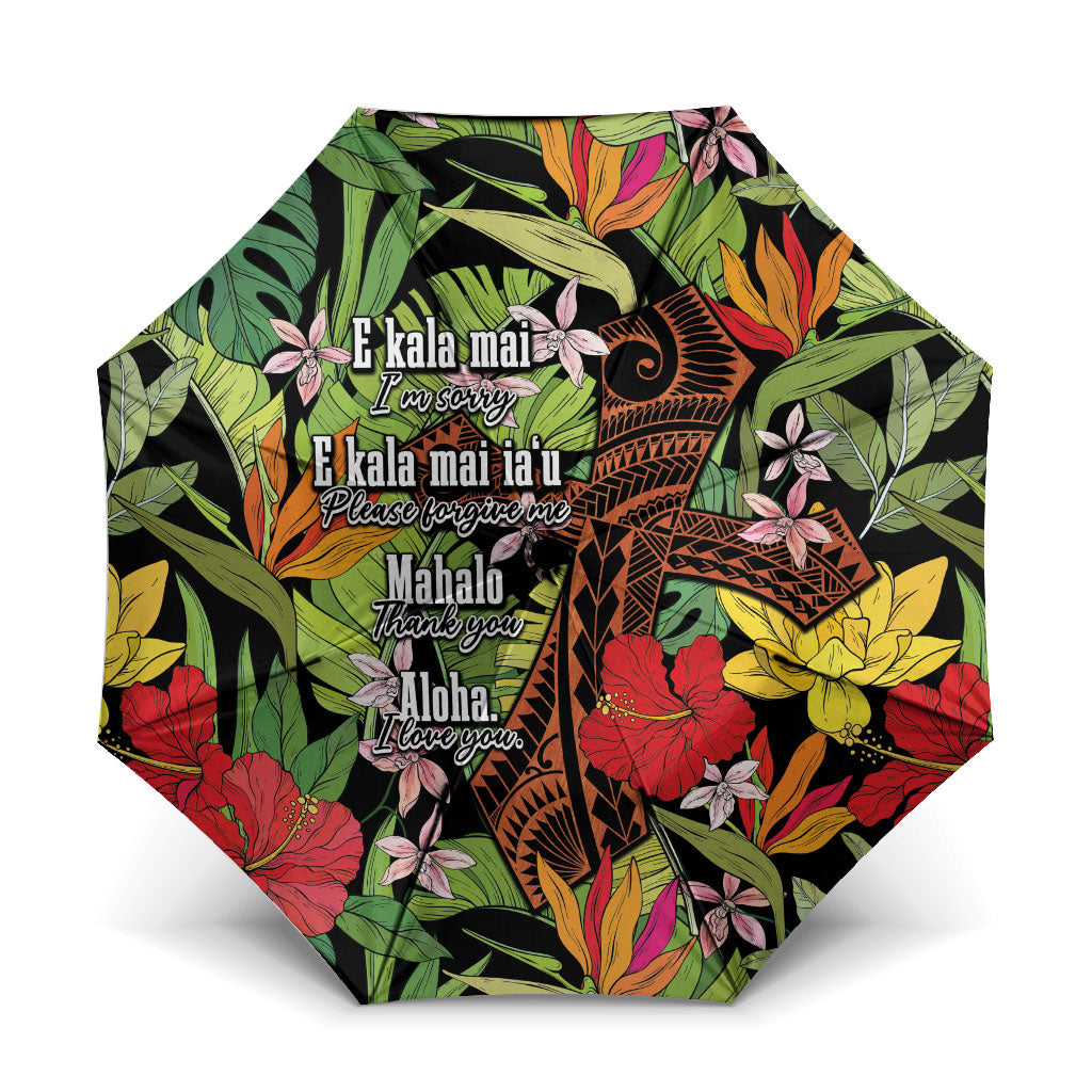 Mahalo Hawaii Ho'oponopono Pule Umbrella Polynesian Pattern Cross LT7 One Size Folded 11.42 inch Opened Diameter 37.4 inch Black - Polynesian Pride