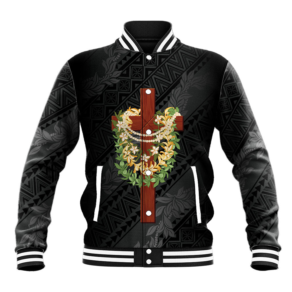Hawaii Ka Pule a ka Haku Memorial Baseball Jacket Flower Lei Cross - Black LT7 Unisex Black - Polynesian Pride