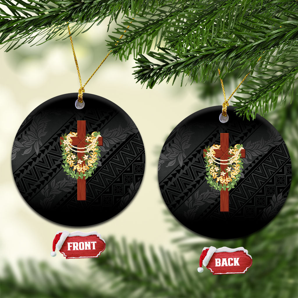 Hawaii Ka Pule a ka Haku Memorial Ceramic Ornament Flower Lei Cross - Black LT7 Circle Black - Polynesian Pride