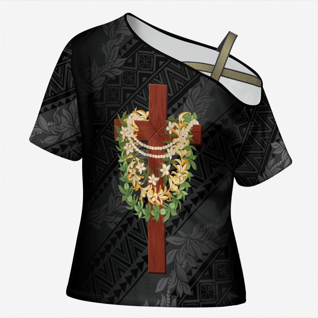 Hawaii Ka Pule a ka Haku Memorial Cross Shoulder Shirt Flower Lei Cross - Black LT7 Female Black - Polynesian Pride