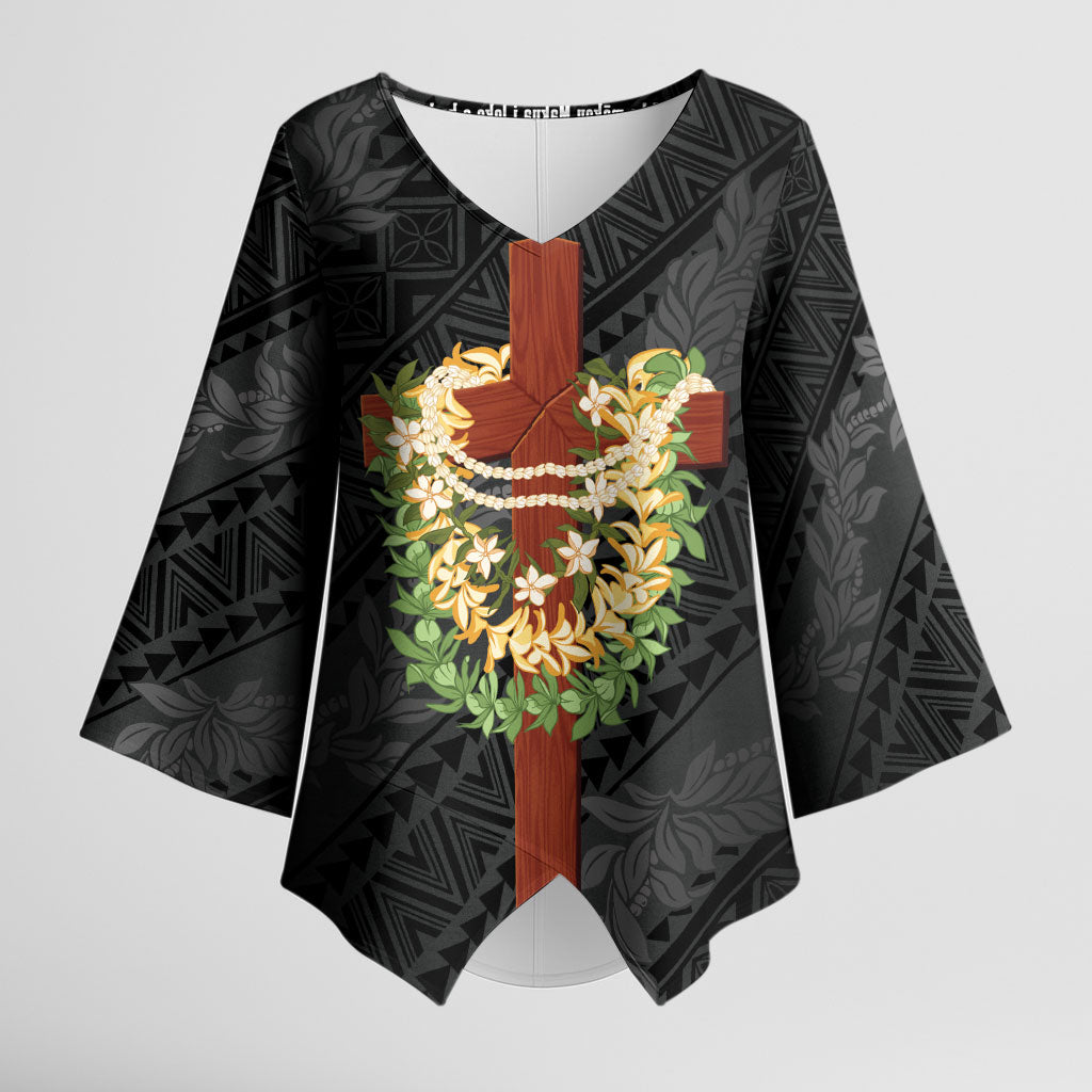 Hawaii ⁠Ka Pule a ka Haku Memorial Kimono Sleeve Blouse Flower Lei Cross - Black