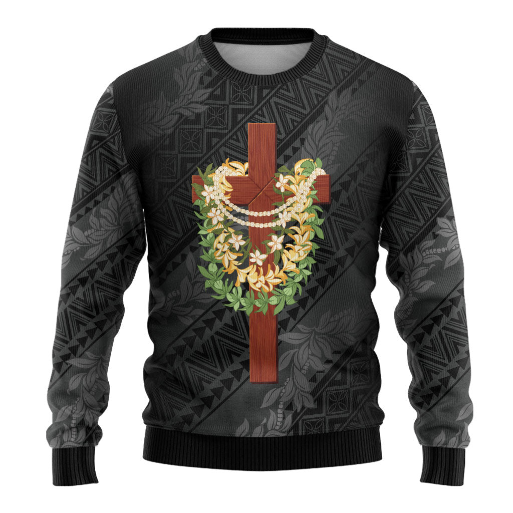 Hawaii Ka Pule a ka Haku Memorial Ugly Christmas Sweater Flower Lei Cross - Black LT7 - Polynesian Pride
