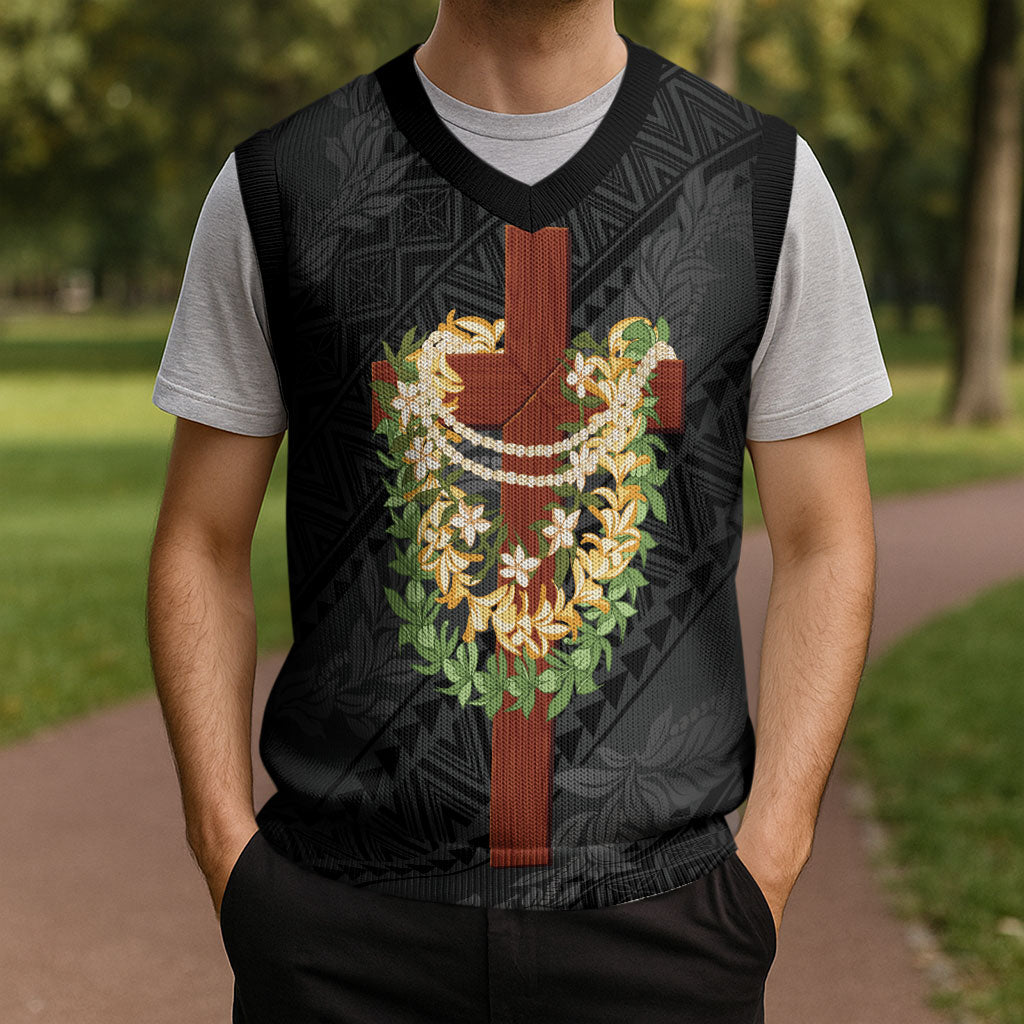 Hawaii Ka Pule a ka Haku Memorial Christmas Knitted V-Neck Vest Flower Lei Cross - Black LT7 - Polynesian Pride
