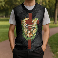 Hawaii Ka Pule a ka Haku Memorial Christmas Knitted V-Neck Vest Flower Lei Cross - Black LT7 - Polynesian Pride