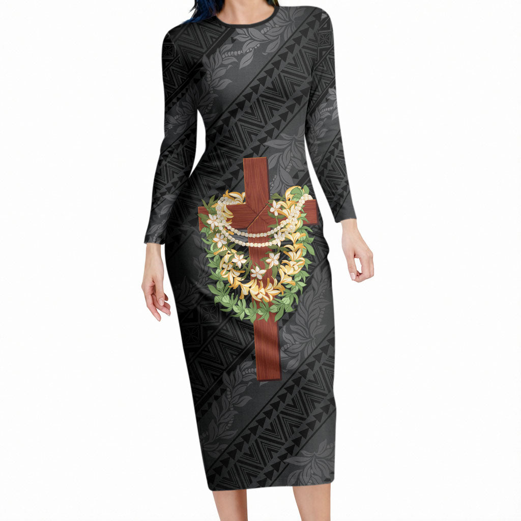 Hawaii ⁠Ka Pule a ka Haku Memorial Long Sleeve Bodycon Dress Flower Lei Cross - Black