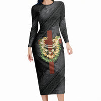 Hawaii Ka Pule a ka Haku Memorial Long Sleeve Bodycon Dress Flower Lei Cross - Black LT7 Long Dress Black - Polynesian Pride