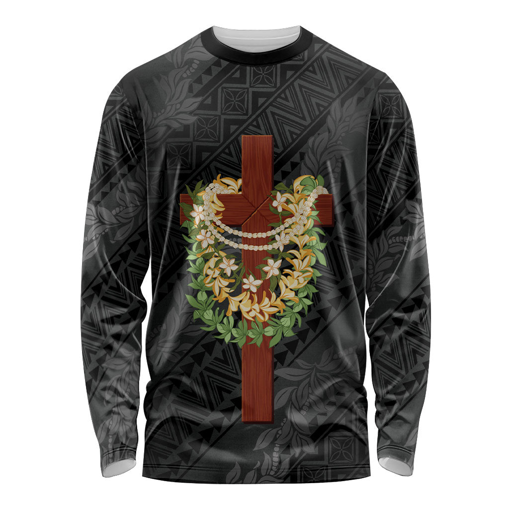 Hawaii Ka Pule a ka Haku Memorial Long Sleeve Shirt Flower Lei Cross - Black LT7 Unisex Black - Polynesian Pride