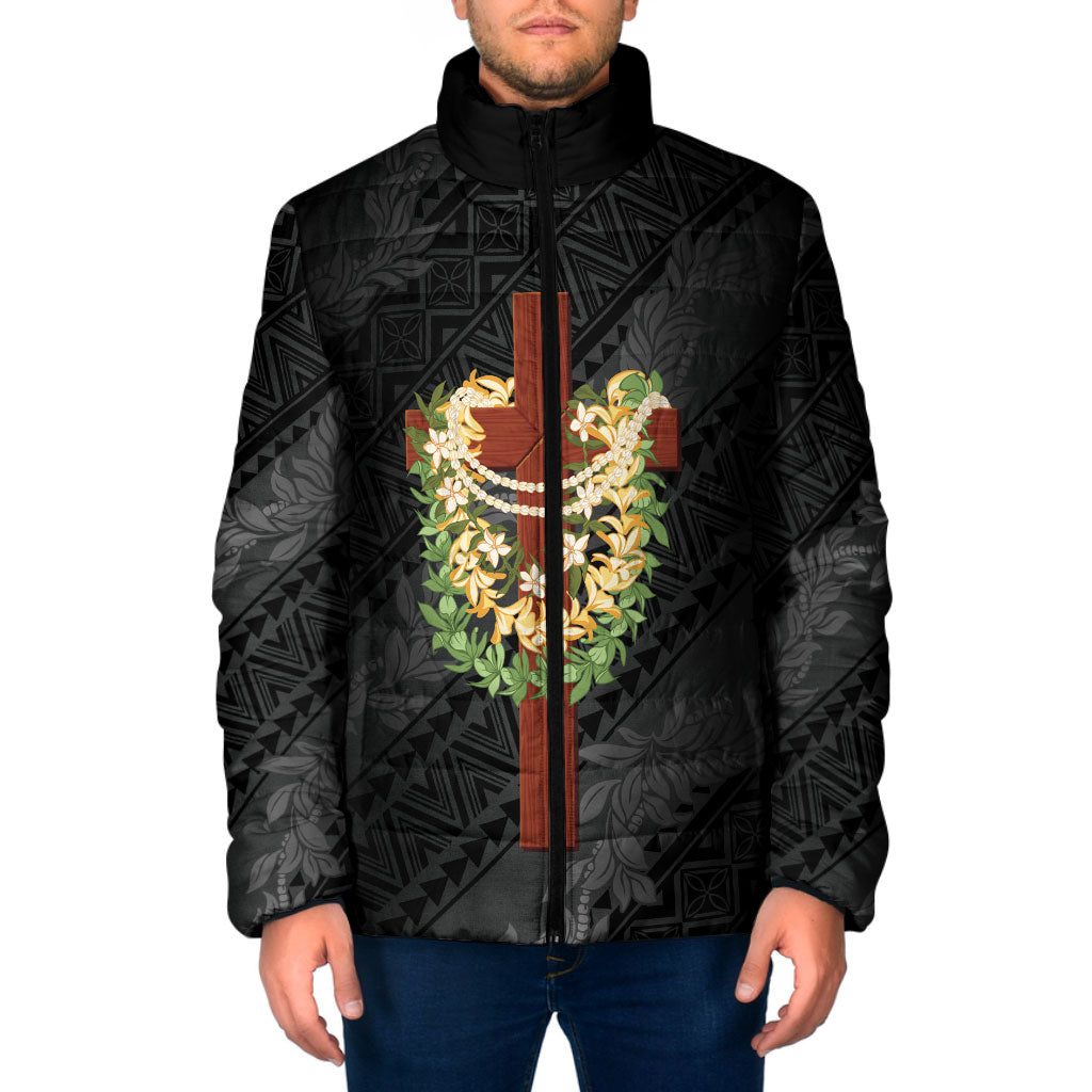 Hawaii Ka Pule a ka Haku Memorial Padded Jacket Flower Lei Cross - Black LT7 Men Black - Polynesian Pride