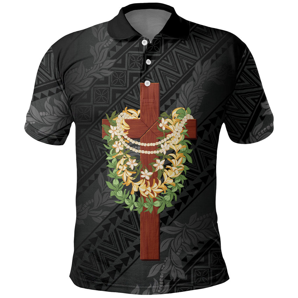 Hawaii Ka Pule a ka Haku Memorial Polo Shirt Flower Lei Cross - Black LT7 Black - Polynesian Pride