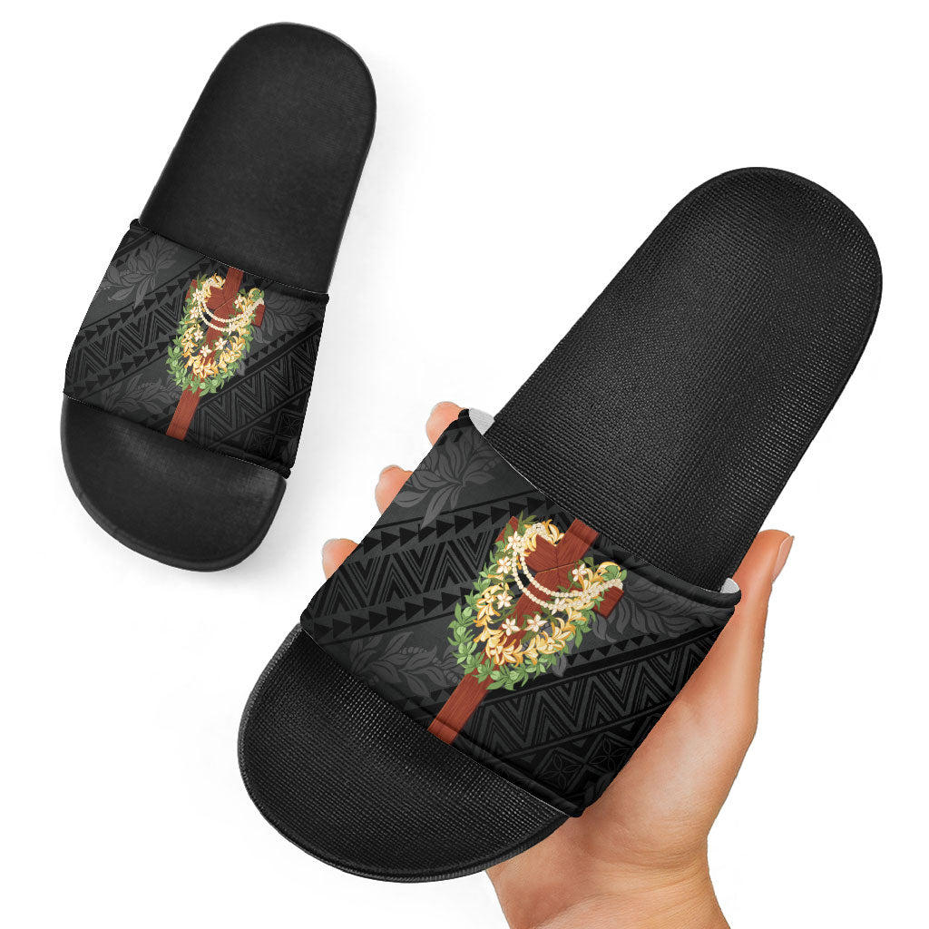 Hawaii Ka Pule a ka Haku Memorial Slide Sandals Flower Lei Cross - Black LT7 - Polynesian Pride