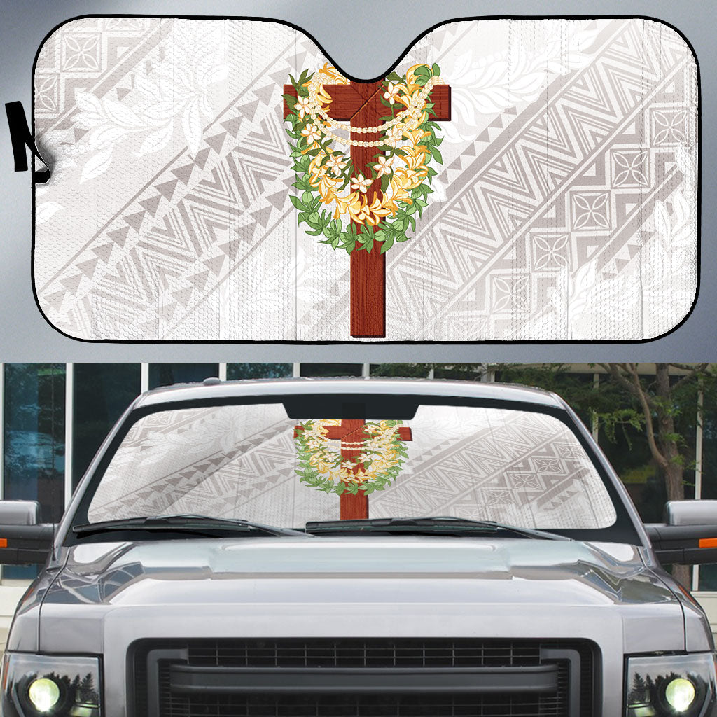Hawaii ⁠Ka Pule a ka Haku Memorial Auto Sun Shade Flower Lei Cross - Ivory White