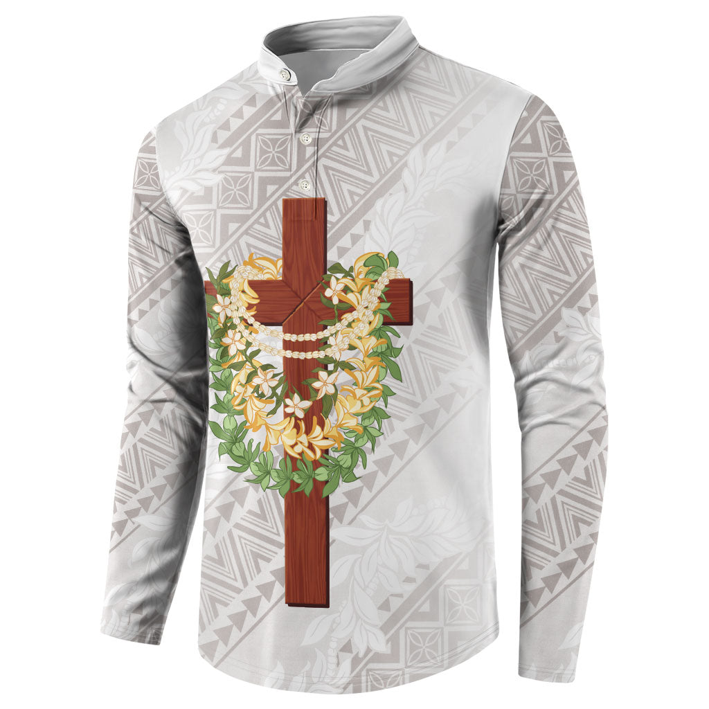 Hawaii Ka Pule a ka Haku Memorial Button Sweatshirt Flower Lei Cross - Ivory White LT7 - Polynesian Pride